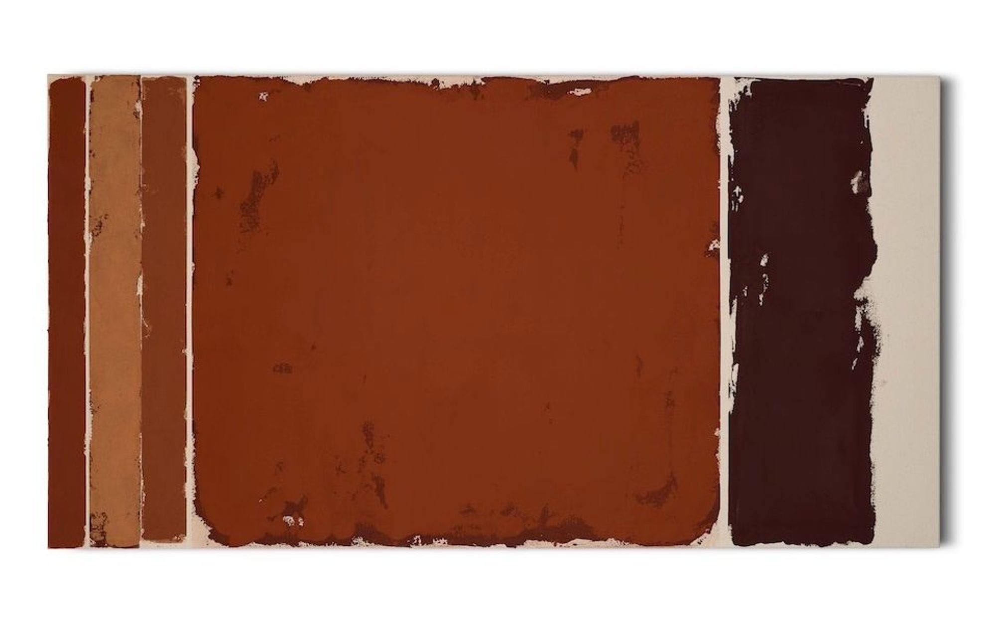 A vertical painting in earthly tones, maroon, burnt umber, orange on beige canvas.